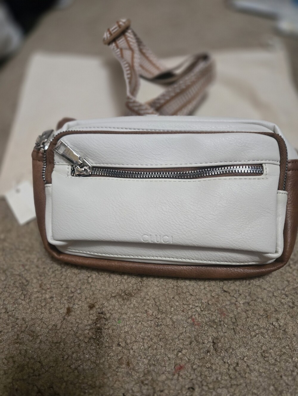 CLUCI White Leather Crossbody Bag | Brown Trim | Adjustable Strap Bag100